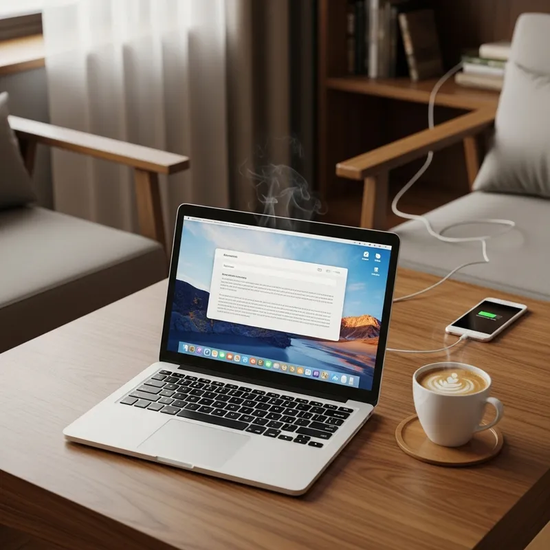 Cozy Workspace with Laptop, Coffee, and iPhone Charging Station Cozy Workspace with Laptop, Coffee, and iPhone Charging Station