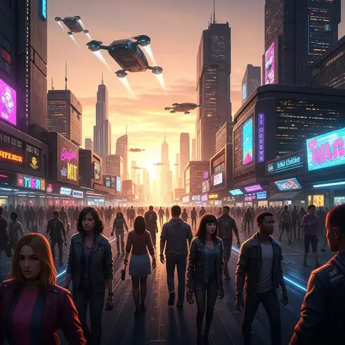 Futuristic Cityscape at Sunset | Diverse Crowd, Flying Cars & Neon Lights