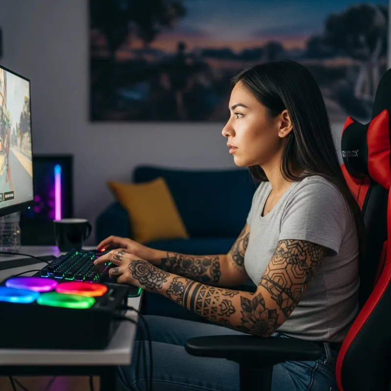 Engrossed Hispanic Tattooed Gamer Girl | Gaming Image