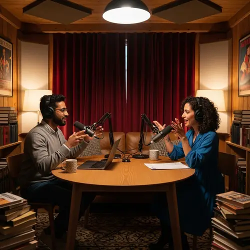 Cozy Podcast Studio with Diverse Hosts in Deep Discussion