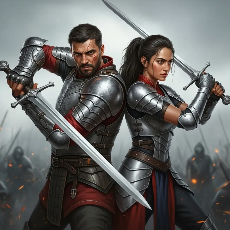 Hispanic Male and South Asian Female Warriors Defending Each Other Hispanic Male and South Asian Female Warriors Defending Each Other