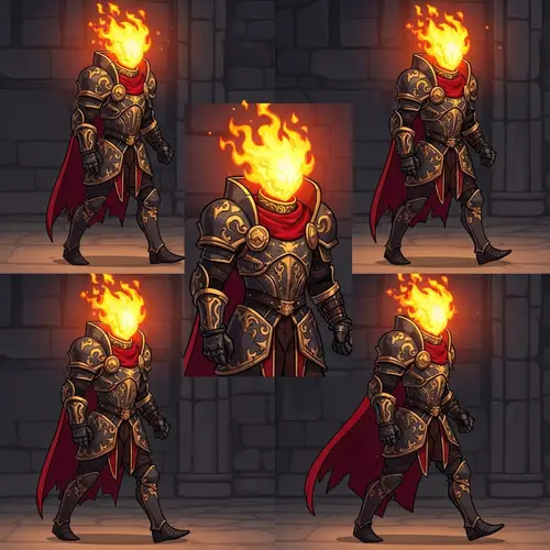 Medieval Style 2D Video Game Character Design - Fiery Head & Magical Energy