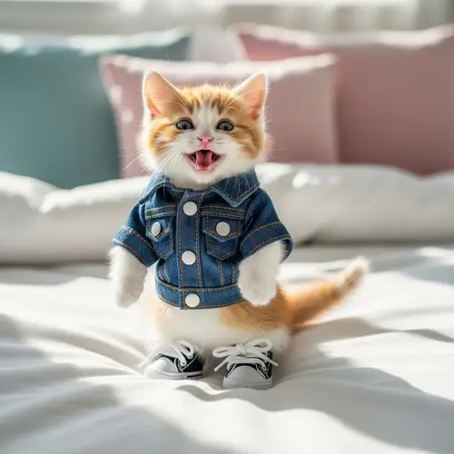 Adorable Kitten in Cool Clothing Standing on Bed