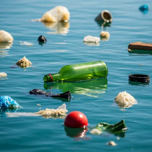 Ocean Pollution: Bottle Floating Among Garbage