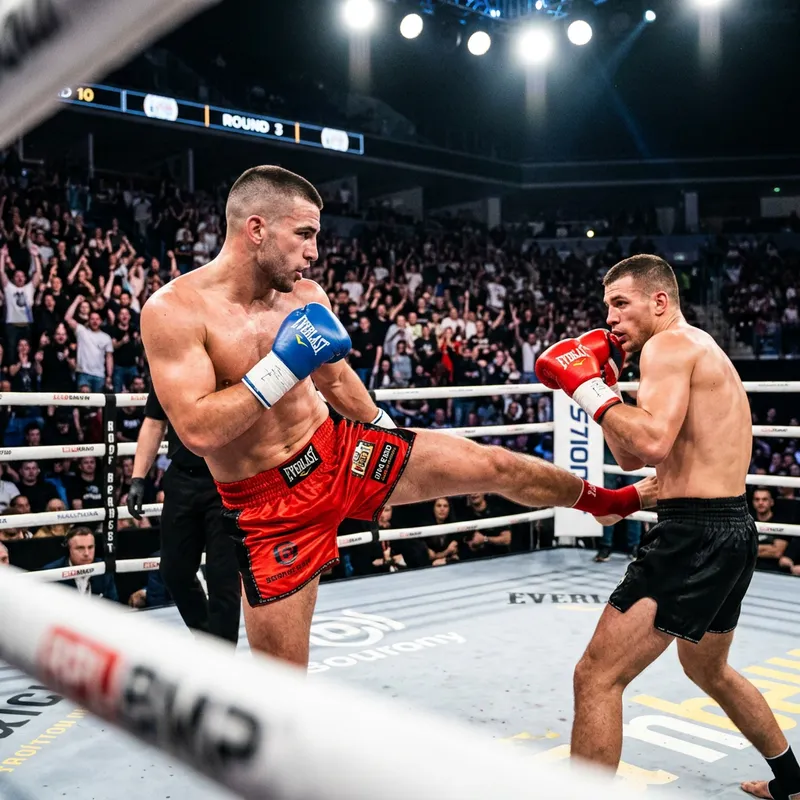 Intense Kickboxing Match: Confident Andrew Tate vs. Opponent in Stadium Showdown