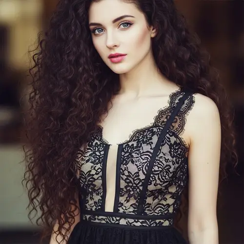Brunette with Long Curls and Dark Blue Eyes in Black Lace Dress