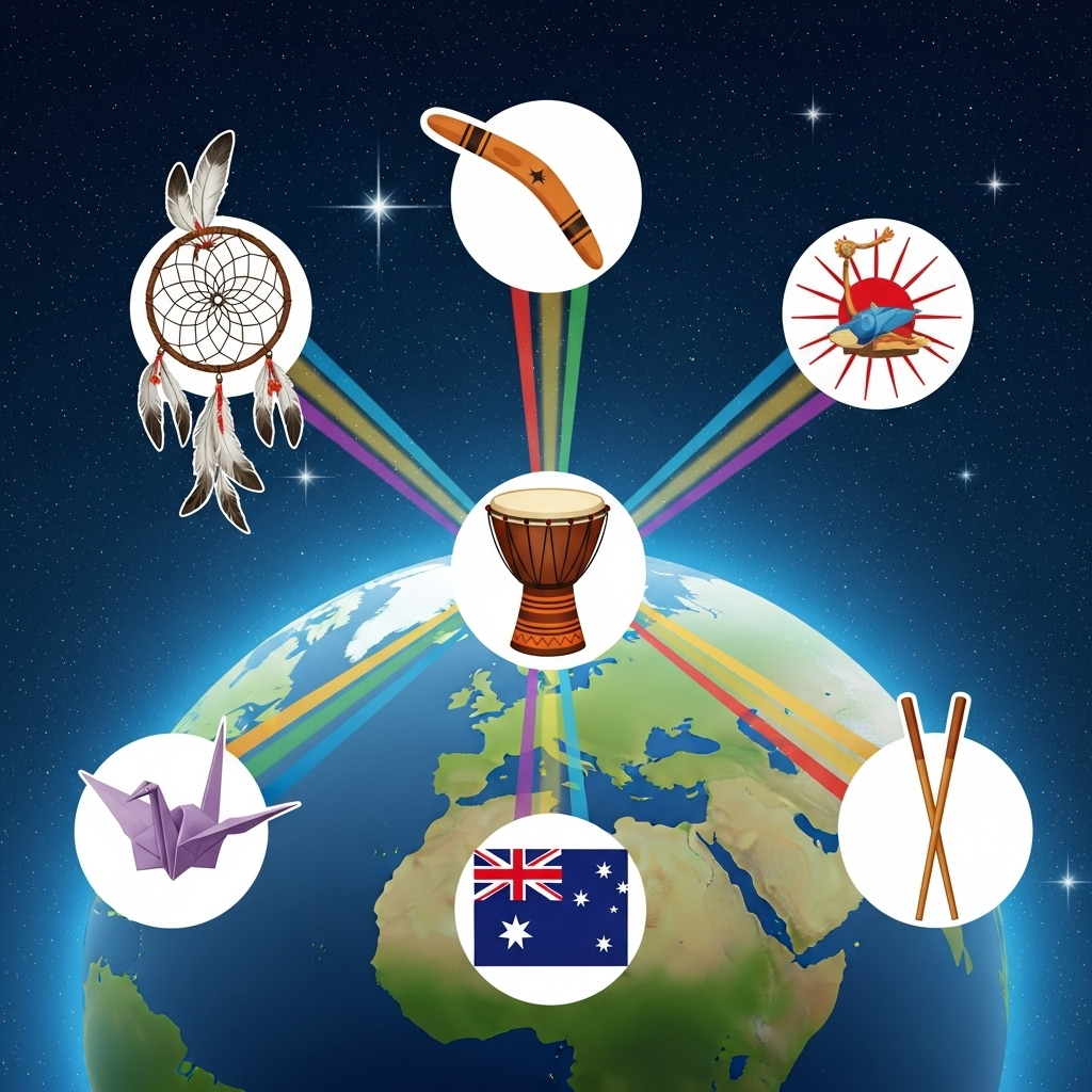 The pictures show symbols of different cultures and cultural elements (such as language, traditions, food, and art).