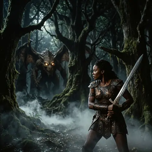 1980s Dark Fantasy Art: Enchanted Forest Scene with Black Female Warrior