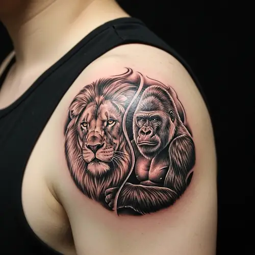 Detailed Men's Lion and Gorilla Shoulder Tattoo Design