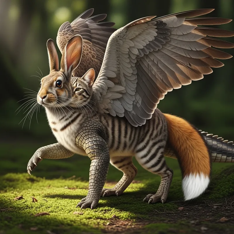 Rabbit-Headed Cat with Crocodile Limbs & Hawk Wings