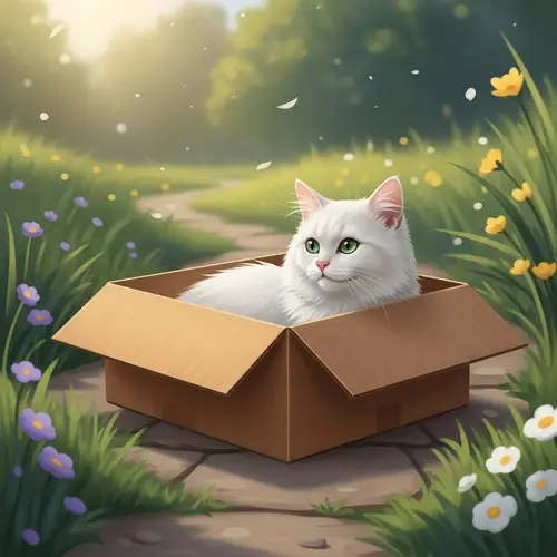 White Fluffy Cat in Cardboard Box | Outdoor Snuggle Scene