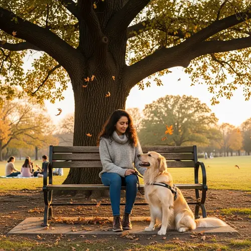 Middle-Eastern Woman with Golden Retriever in Autumn Park
