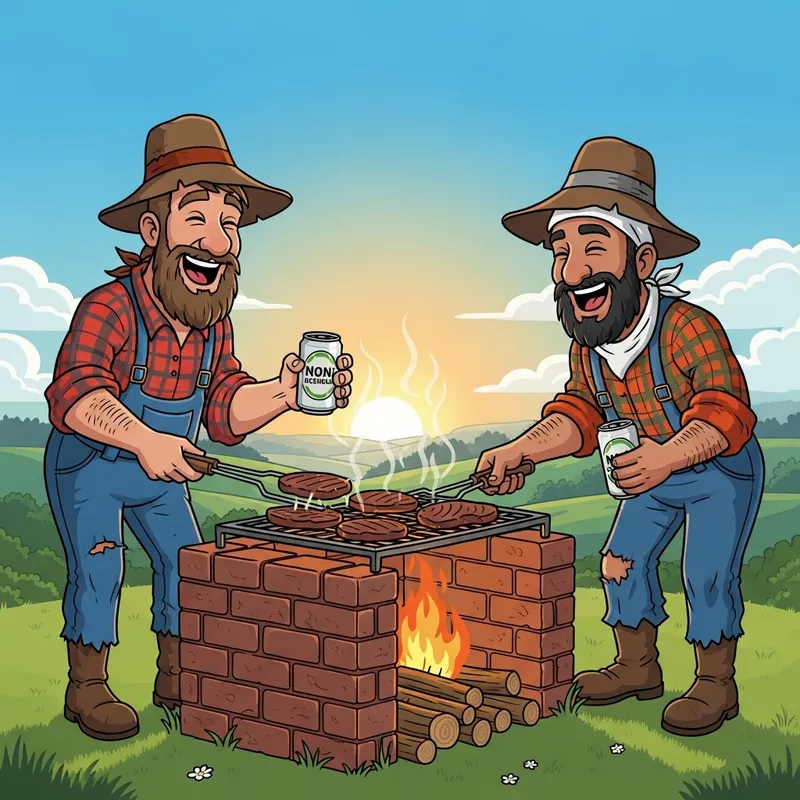 Cartoon Hillbillies Grilling Meat on Brick BBQ Pit
