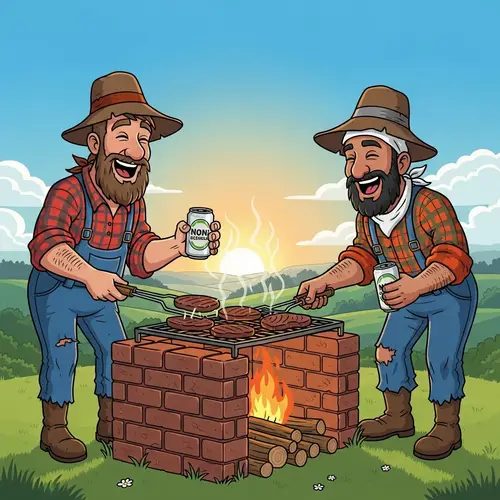Cartoon Hillbillies Grilling Meat on Brick BBQ Pit