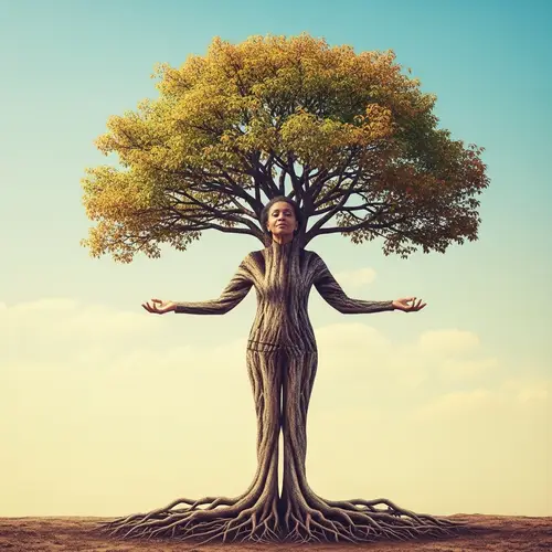 Elegant African American Woman Metamorphosing into Grand Shade Tree