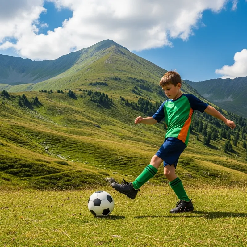 Young Boy Playing Football in Serene Mountain Setting Young Boy Playing Football in Serene Mountain Setting