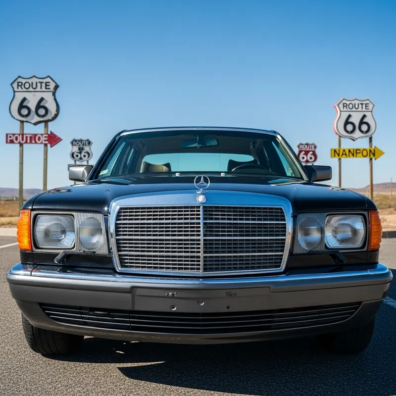 Mercedes W126 Front on Road 66 - Classic Luxury Car View