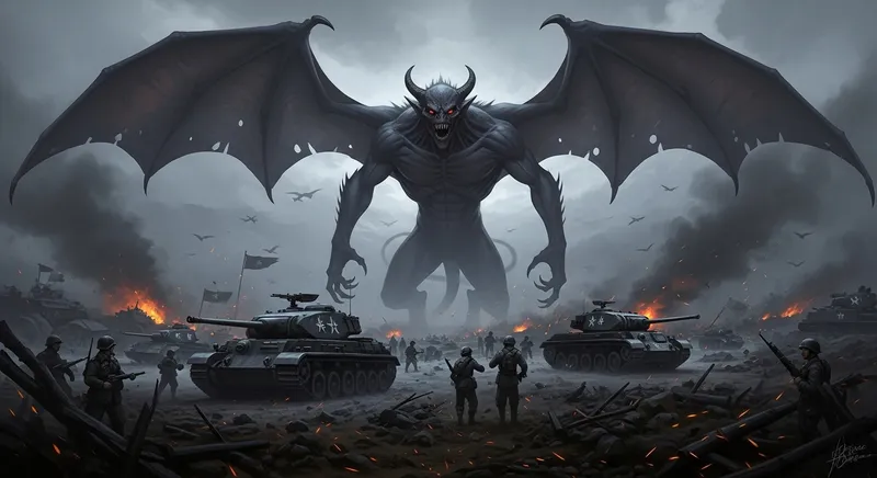 WW2 Demon: A Terrifying Spectral Creature Over Battlefield