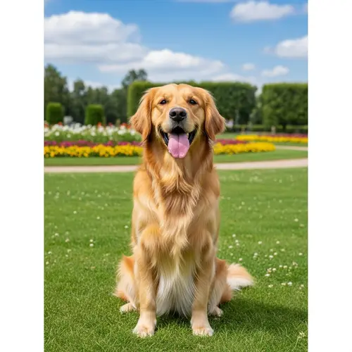 Golden Retriever Sitting in Park | Cheerful Dog Photo
