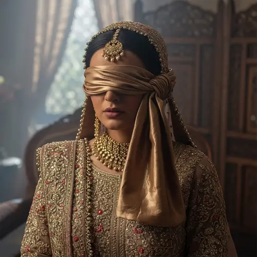 Pakistani Bridal Scene with Suspenseful Blindfold | Cultural Beauty