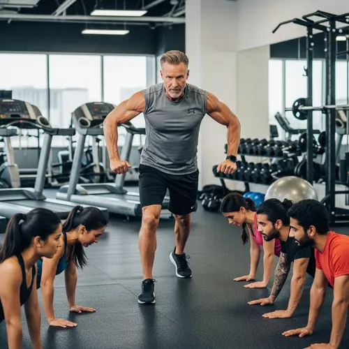 Lead Trainer Demonstrating Push-Up Form to Diverse Group | Gym Scene