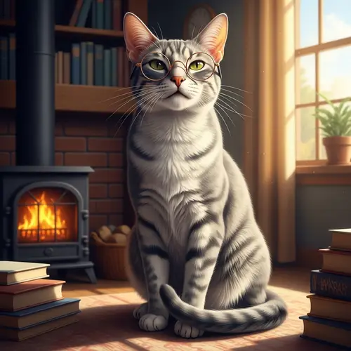 Mature Cat Wearing Glasses | Cozy Room Setting