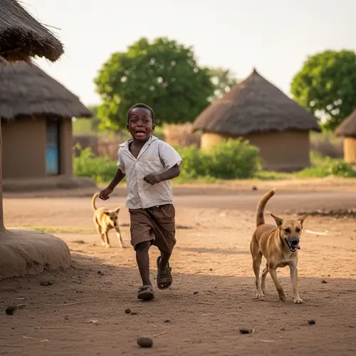 Scared Black Child Running from Dog in Village | School Clothes