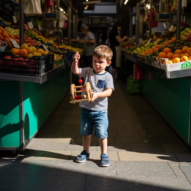 Spanish Boy Playing with Traditional Wooden Toy in Local Market