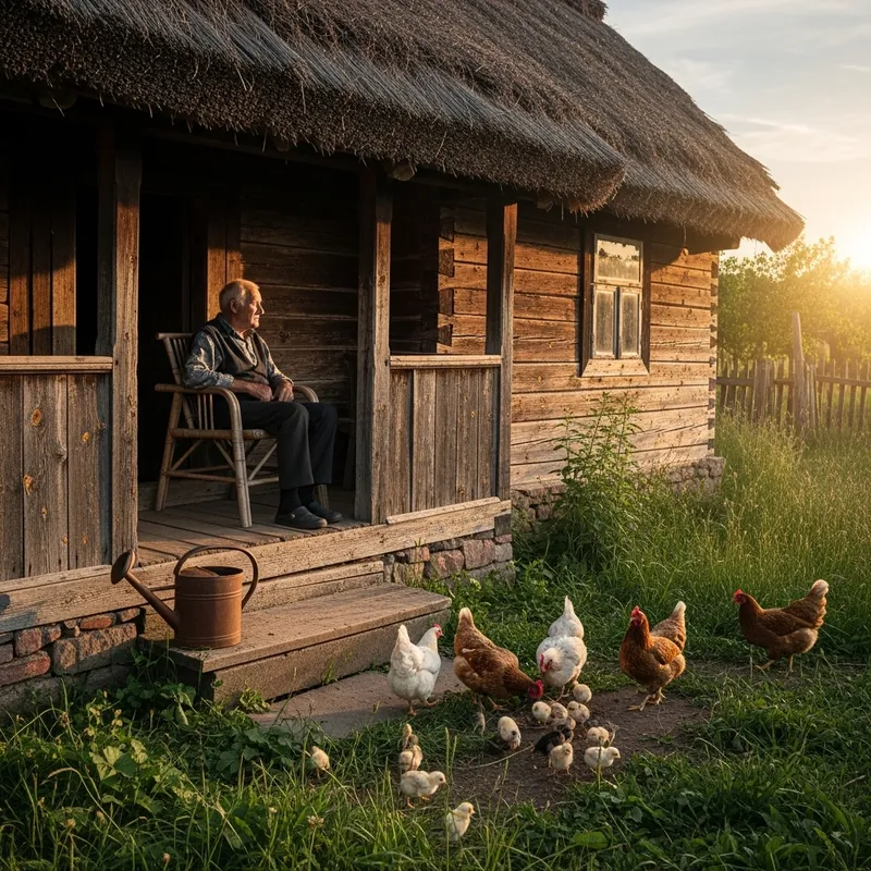 Elderly Man in Old Wooden House Surrounded by Nature | Rural Living