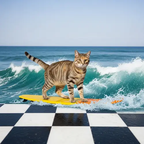 Playful Tabby Cat Surfing on Giant Chess Board