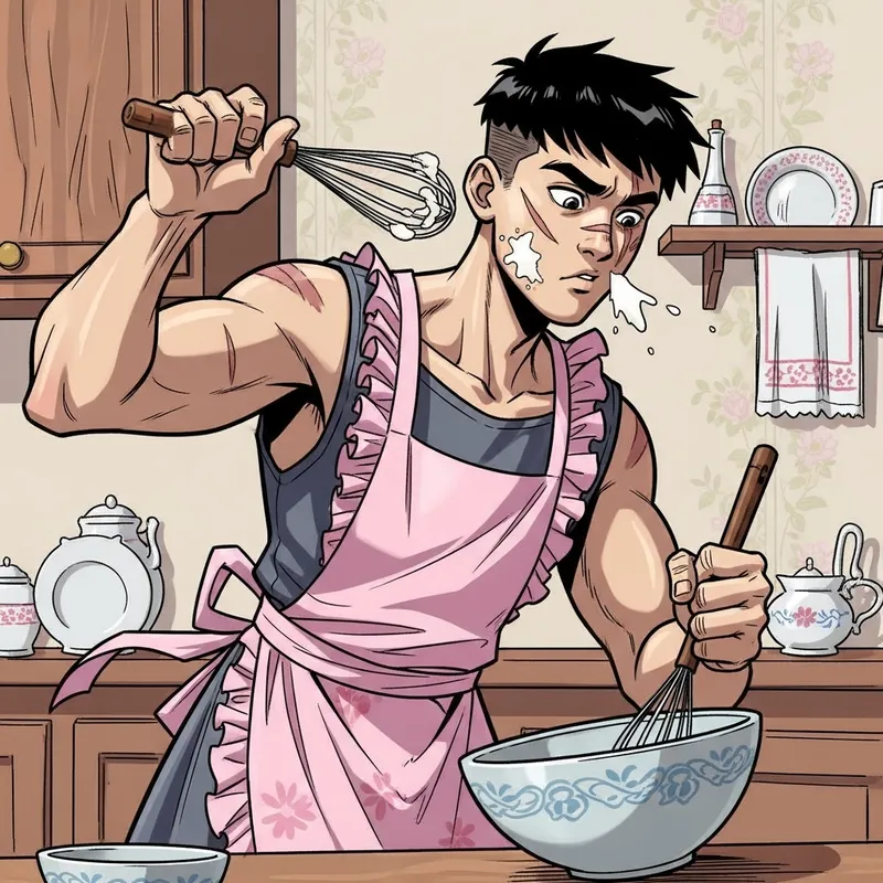Fictional Young Man from Jujutsu Cooking in Feminine Attire