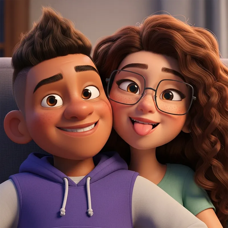 Cute Cartoon Couple on Couch: Latino Boy & Caucasian Girl