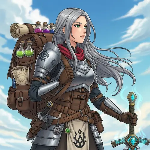 Silver-Haired Anime Fantasy Adventurer with Green Eyes