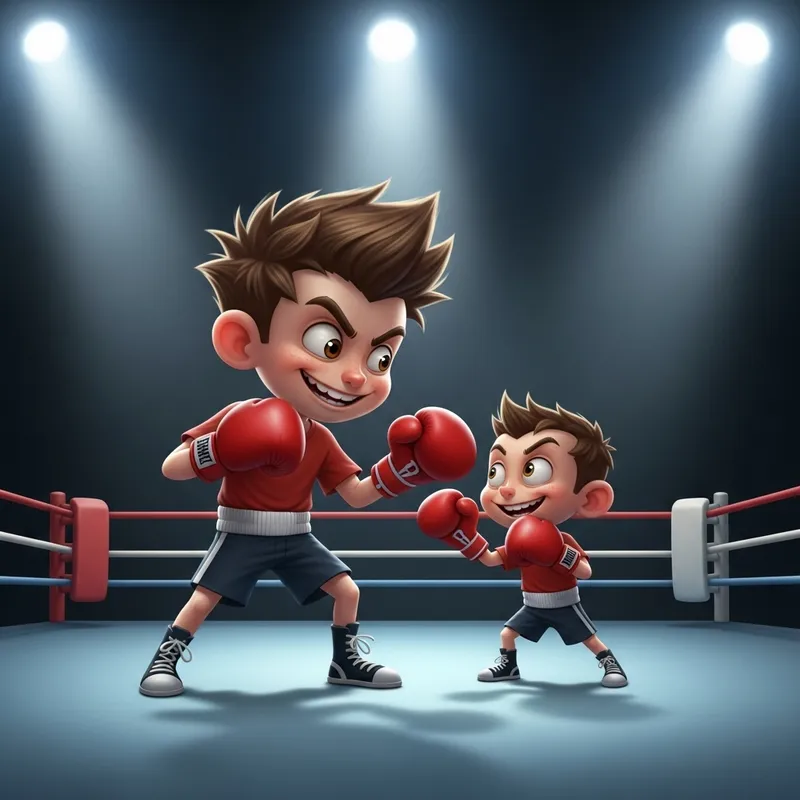 Mischievous Boy and Impish Character Playful Boxing Match