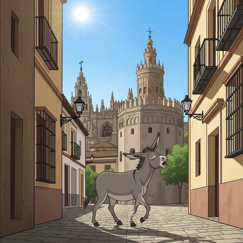 Cartoon Donkey Strolling in Seville | Historical Landmarks