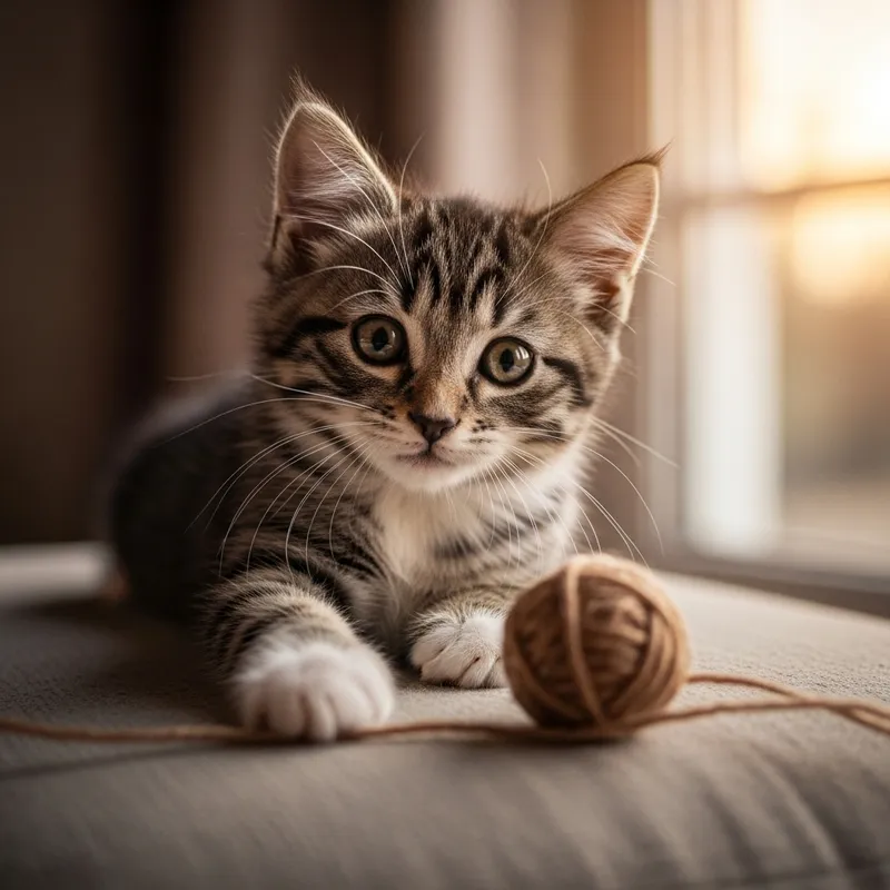 Playful Tabby Kitten on Yarn-Covered Cushion