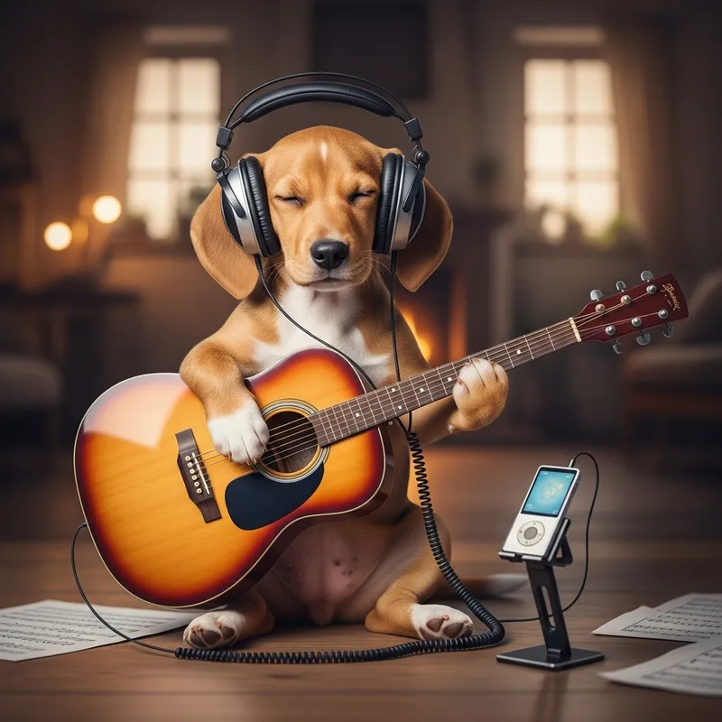 Professional Puppy Playing Guitar with Headphones