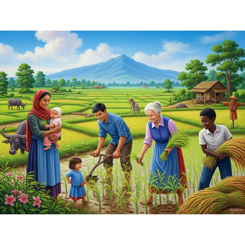 Happy Family Farming: A Colorful Rice Landscape