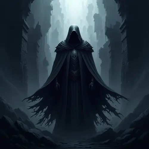 Mysterious Dark Cloaked Figure in Fantasy Scene