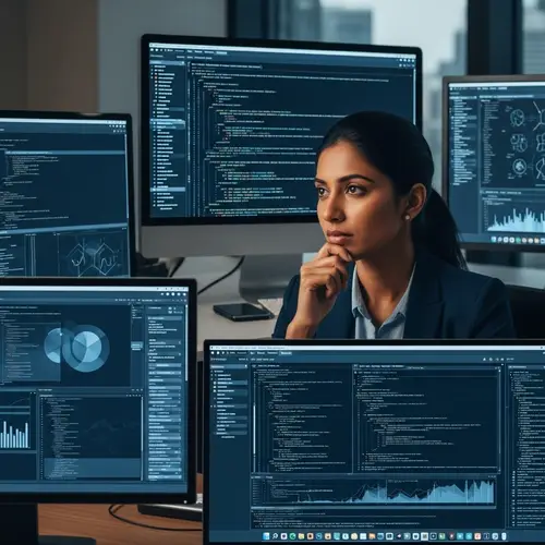 Professional South Asian Woman in Data Analytics Workspace Wallpaper