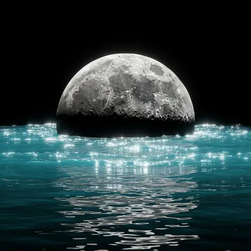 Silvery-Grey Moon Surrounded by Sparkling Turquoise Water