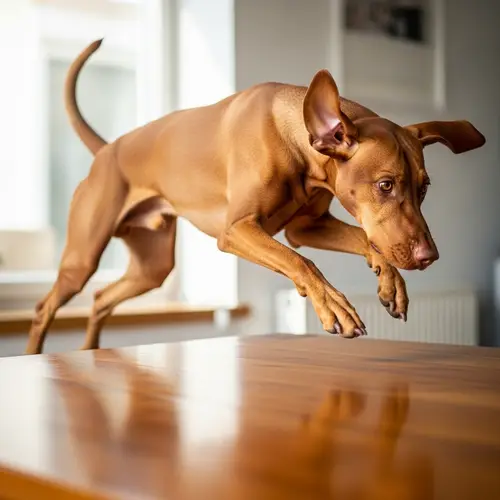 Energetic Medium-Sized Dog Leaping on Wooden Table