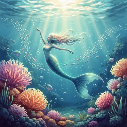 Surreal Underwater Scene with Graceful Mermaid and Vibrant Coral Reefs