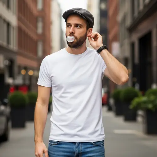 Casually Dressed Young Man with Beard and Cap | White T-shirt & Blue Jeans
