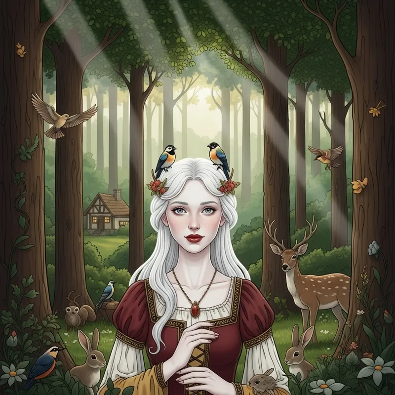 Blanche Neige Medieval Illustration with Forest Creatures
