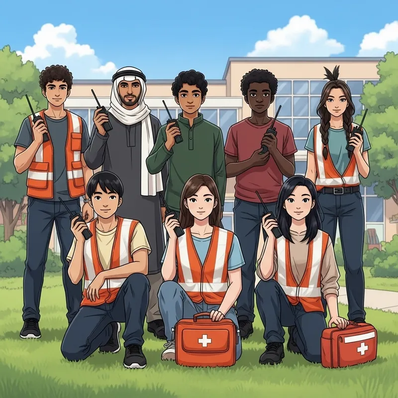 Diverse Group of Seven School Guardians Protecting School Grounds