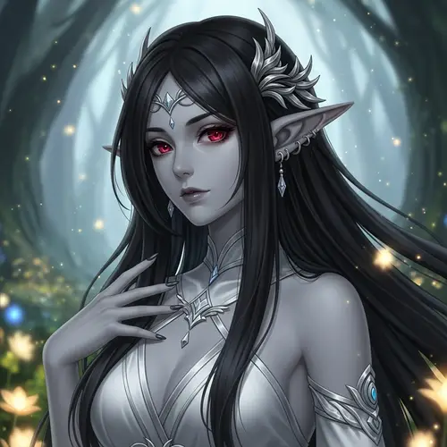 Anime-Style Elf Woman with Grey Skin & Red Eyes
