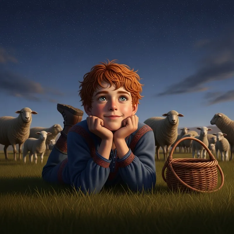 Young Shepherd Boy Gazing at Starlit Skies