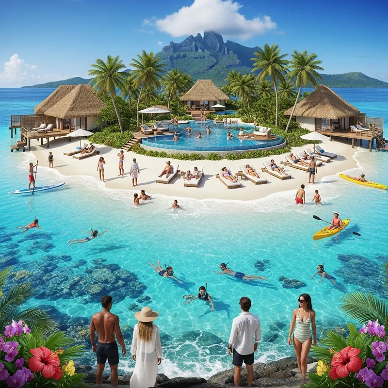 Luxury Mesh Paradise Image with Blissful Visitors | Celestial Sky & Crystal Waters