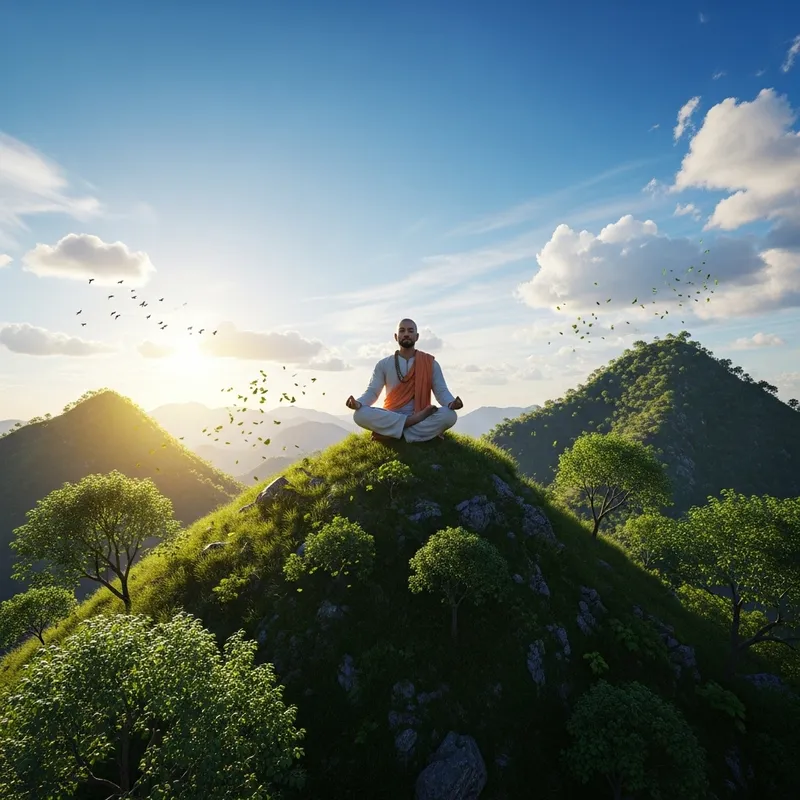 Ultra-High Resolution 3D Image of Man Meditating on Mountain Top